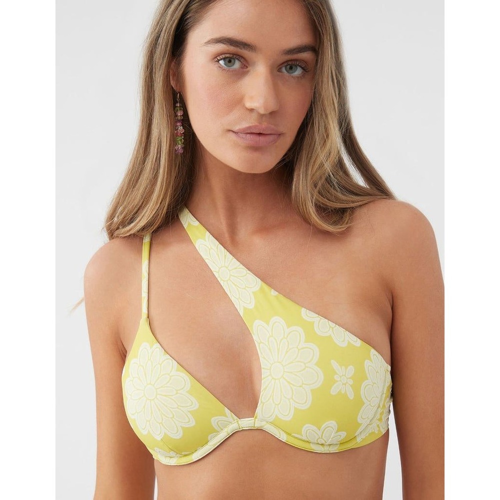 ONeill Horizon One Shoulder Bikini Top Yellow Floral D-Cup Size M